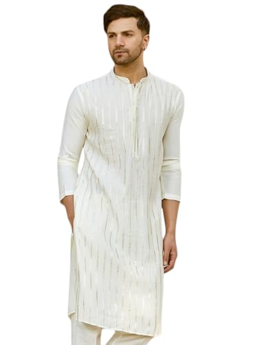 Image of See Designs Men Full Sleeve Chanderi Silk Sequins Mandarin Collar Side Slit Kurta