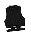 SheIn Damen Crop Tank Top Stehkragen Shirts Bauchfrei Oberteil Über Kreuz Cropped Tanktops Schwarz L