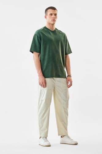 Image of SNITCH Men Cargo Pants | Straight Fit Solid Pattern with Utility Pockets & Adjustable Belt | Durable Nylon Cotton Blend for Casual & Streetwear Styling