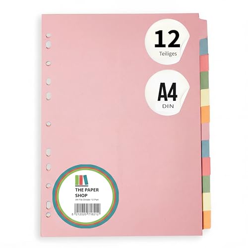 The Paper Shop A4 Ordner Register Unterteiler Hochformat 150 g/m² | 1 Pack | 12-Teilig Mehrfach Gelocht Aus Stabiler Pappe | Farbige Trennblätter für Dokumente Büro Schule Archiv Organisation