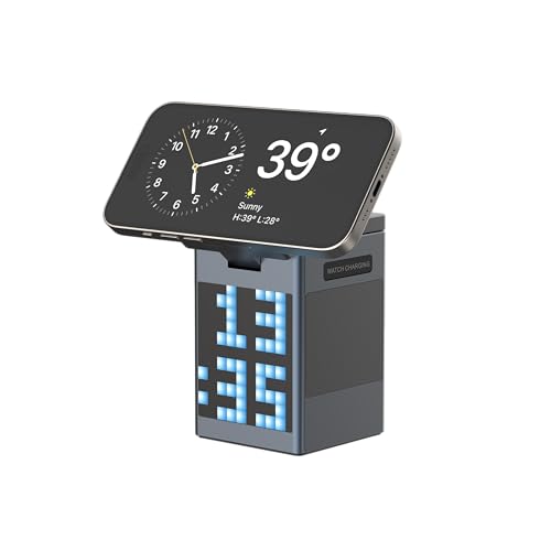 M.A.D LAB 15W Fast Charging Station - Pixel Animation Display Alarm Clock with Bluetooth Speaker, iPhone Charging Station for Apple Watch, AirPods, AirPods Pro 2 and Android Phones - Black Color
