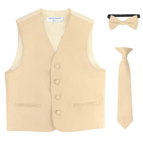 Vesuvio Napoli Boy's Dress Vest Bow Tie Necktie 3 piece set. Solid Color Variety Pre-Tied Ties