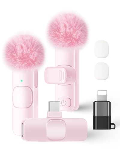 Wireless Lavalier Microphone for iPhone iPad and Android Phone, 2 Pack Lapel Mic Plug and Play Wireless Mic Noise Reduction Microphone for Video Recording Interview Podcast Vlog YouTube Tiktok (Pink)