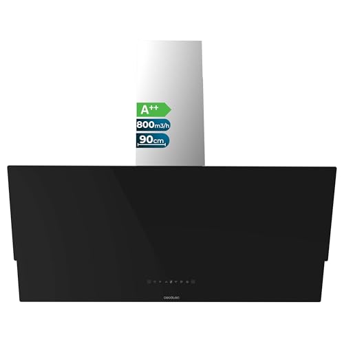 Cecotec Campana Extractora Decorativa 90Cm Bolero Flux Dt 908001 Glass Black A++. Acabado Vidrio Negro, Chimenea Inox, Succión 800M3/H, Motor 210W, Filtro Carbono
