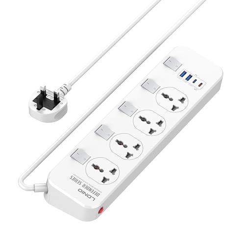 Extension Lead | Extension Lead with Usb Slots | 4 Universal Sockets | Surge Protector | 4 USB Ports (1xUSB-C 20W PD | 2xUSB-A) | Independent Switch | 6.5ft Power Cord | Child Safe Door