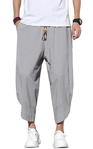chouyatou Men's Summer Elastic Waist Loose Lightweight Baggy Ethnic Linen Beach Cropped Harem Pants