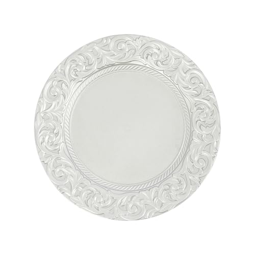 QIANMOON 150PCS Customized Gold Antique Charger Plates?13Inch Single Sided Spray Paint with Patterns Embossed Plastic Round Dinner Plates for Wedding Party Event Table Setting Decoration (White)