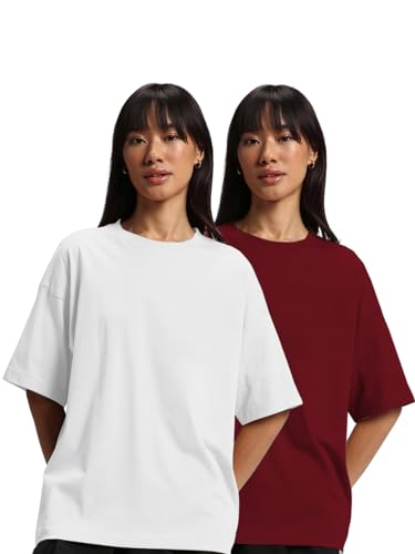 Image of JUNEBERRY Pure Cotton Drop Shoulder Oversized Baggy Fit Half Sleeve Plain Solid Round Neck Multicolor T-Shirt for Women & Girls (Pack of 2) (Sizes S-2XL)
