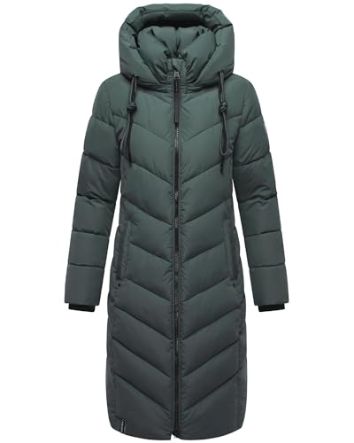 Navahoo Damen Wintermantel Warmer Langer Steppmantel mit Abnehmbarer Kapuze Sahnekatzii XIV Stone Green Gr. XL