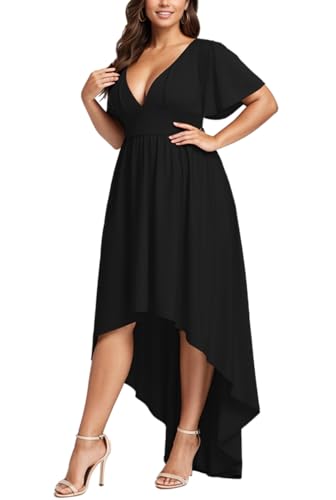 Image of Elegant Dresses Formal Evening Cocktail Long Maxi Wedding Party Dress Sexy V Neck Ruffle Sleeve Hi Low Flowy Gowns