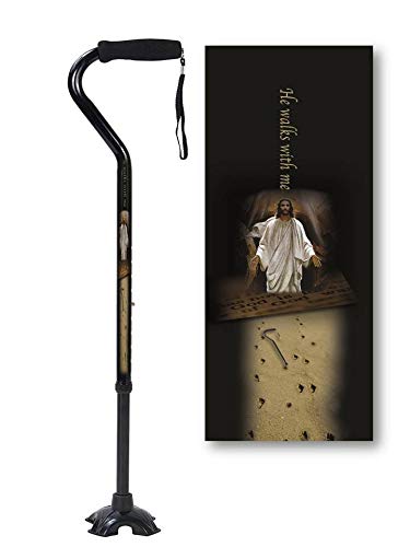 Walking Cane Offset Foam Handle Quad Foot 4 Point Cane Tip Adjustable Aluminum He Walks with Me Jesus Design Men or Women
