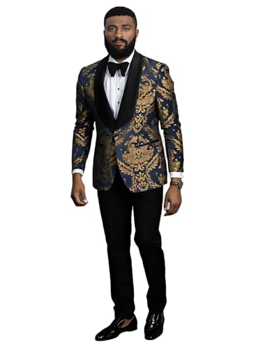Prom Suits for Men Slim Fit 2 Piece Floral Jacquard Dress Suit Tuxedo Pants with Stripe On The Side JXZ049