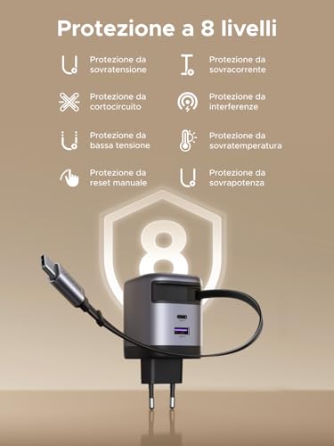 Cargador USB C GaN 45W UGREEN con cable retráctil y puerto adicional de 30W 8
