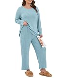 TIANZHU Plus Size Women's Pajamas Set Loungewear 2-Piece Ribbed Pyjama Set with Wide Leg Trousers & Pockets, Light blue, Size 26-28