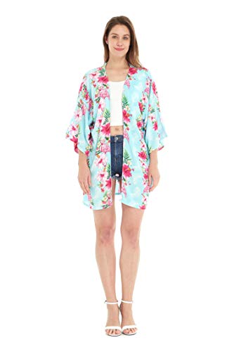 Matchable Hawaiian Luau Mother Daughter Women Kimono Dress or Girl Halter Dress in Pink Turquoise Hibiscus Vine2