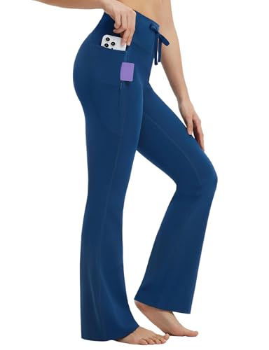 baleaf Womens Flare Leggings with Zipper Pockets Drawstring Flared Yoga Pants Bell Bottom Leggings Tummy Control Navy Blue S