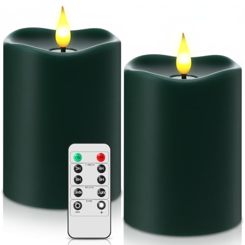 Image of Retisee Flameless LED Candles Real Wax, 2 Pcs, Dark Green, 3 x 4 in | Halloween Flameless Candles, Remote Timer, Realistic 3D Flickering Flame, Wedding, Thanksgiving Day, Christmas Decorations