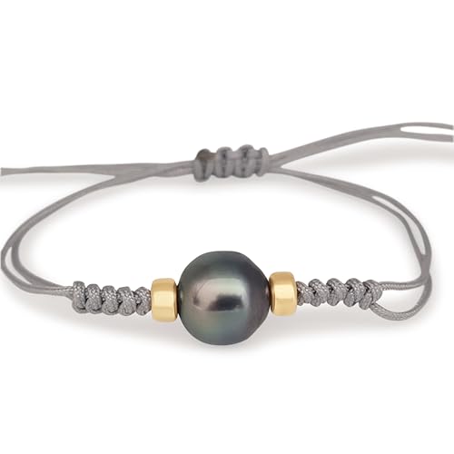 PERORNO Bracelet en Or 18 carats avec Perle de Tahiti, Cordon Réglable Gris Fait Main, Taille Mediano, Bijou de Luxe Unique