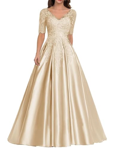 Women Satin Mother of The Bride Dresses Lace Applique Formal Evening Gown Long V-Neck Short Sleeves Prom Dress4