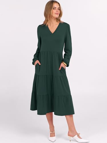 Image of ANRABESS Women's Long Lantern Sleeve Floral Midi Dresses 2026 Fall V Neck Casual Flowy A-line Tiered Boho Vacation Dress