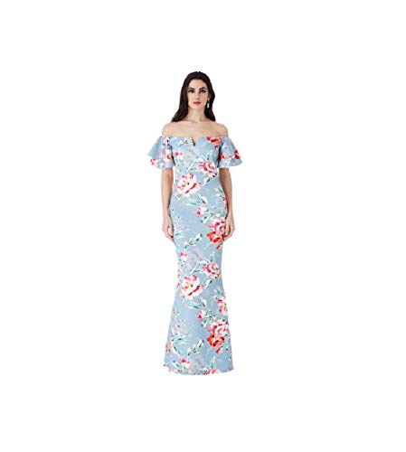 Goddiva Robe Longue à imprimé Floral avec Manches à Volants Bardot (36/8uk, Bleu Clair)
