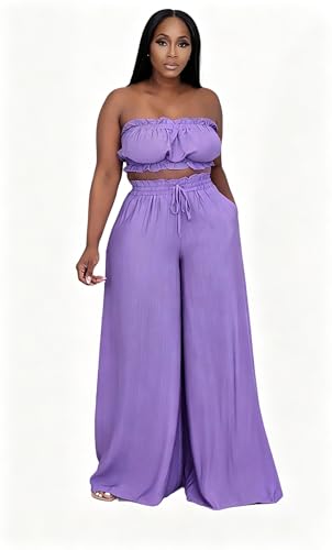 Image of Two Piece Sets for Women Summer Outfits Crop Tops and Wide Leg Pants Sets Sexy Jumpsuits Vacation Outfits with Pockets