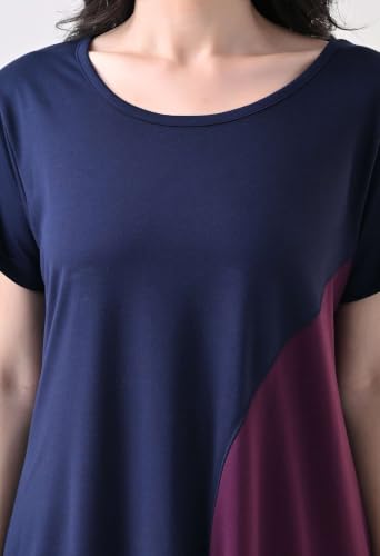 Image of Women's Night Dress Short Sleeve Round Neck Sleepwear with Stylish Contrast Panel, Comfortable Nightwear for Women