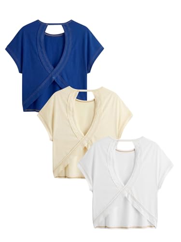 Image of RoseSeek Women's 3 Packs Open Back Tops T Shirt Criss Cross Cut Out Tee Short Sleeve Crewneck Summer Backless Tops