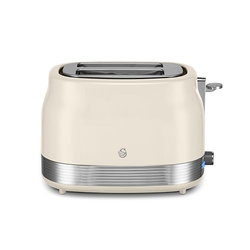 Swan ST19028C Retro 2 Slice Toaster with 6 Browning Levels for Toast Bagels Breakfast Muffins Defrost/Reheat/Cancel Hidden Cord Storage Non-Slip Feet 930W Cream and Stainless Steel