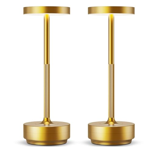 HYMZP Lampada da Tavolo Senza Fili Ricaricabile,Lampada Led da Tavolo,3 Modalità di Colore, IP54, per Interni/Esterni, Ristorante (2x Oro)
