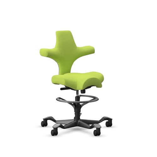 Image of HAG Capisco Sit to Stand Chair-Black Frame-Upholstered Bright Green-with Foot Ring