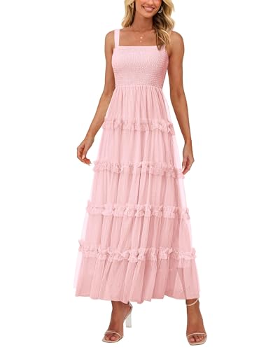 PRETTYGARDEN Women's Summer Dresses 2025 Sleeveless Smocked Tiered Ruffle Tulle A-Line Flowy Wedding Party Maxi Dress(Light Pink,Large)