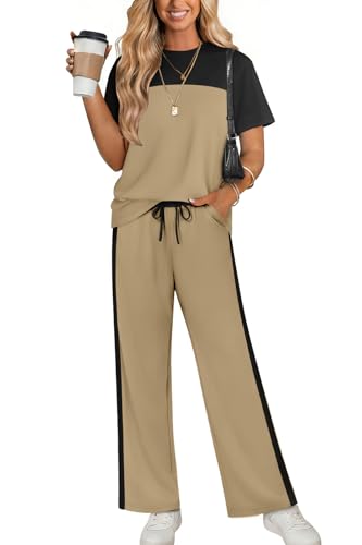 Two Piece Set for Women Spring Summer Outfits Travel Cruise Essentials Resort Wear 2026 Beach Vacation Clothes Trendy 2 Piece Lounge Sets Short Sleeve Matching Fashion Clothing Wide Leg Pants L - view 3