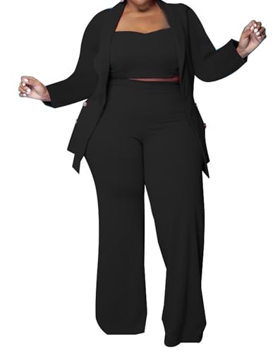 Survêtement chic 3 pièces noir avec crop top blazer et pantalon large taille 5XL