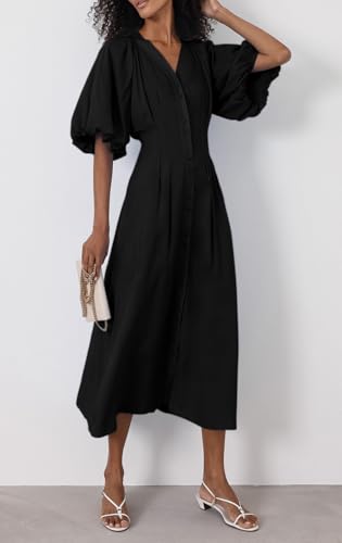 Image of chouyatou Women Summer Puff Sleeve Button Down Shirt Dress Flowy Elegant Business Casual Midi Long Dress