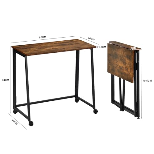 Miniatura 3 de Meuble Cosy Escritorio Plegable Con Ruedas Mesa De Ordenador Para Ahorrar Espacio Oficina Hogar Estudio, Estructura De Acero, Industrial, Montaje Sencillo, Marrón