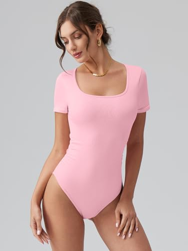 Image of OQQ Women Bodysuits Ruched Short Sleeve Square Neck Stretch Lounge Travel Bodysuits