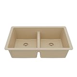 Karran 32' Bisque Quartz Composite Undermount Double Bowl Kitchen Sink with Low Divider – 50/50 Equal Bowl, 80% Natural Quartz, 535°F Heat Resistant, Sound Dampening, QU-810