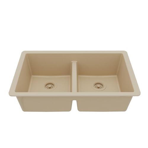 Karran 32" Bisque Quartz Composite Undermount Double Bowl Kitchen Sink with Low Divider – 50/50 Equal Bowl, 80% Natural Quartz, 535°F Heat Resistant, Sound Dampening, QU-810