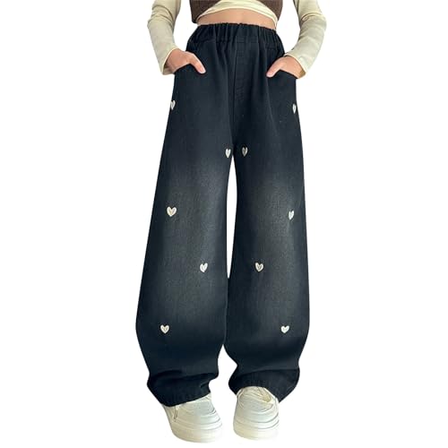 Girls Embroidered Heart Baggy Jeans Wide Leg High Waisted Kids Cute Denim Pants Elastic Waist Aesthetic Vintage