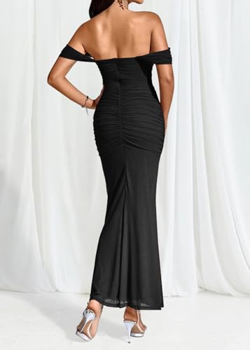 MOEENCN Mesh Ruched Bodycon Long Dress Women Off Shoulder Mermaid Hem Midi Dresses Party Night Outfits2