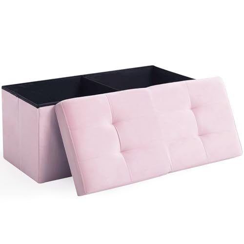 Image of Storage Ottoman Bench Foldable Footrest Foot Stool, 30 inch Velvet Pink | Small Ottoman Foot Rest Seat Shoe Bench Flip-Top forliving Room End of Bed Bedroom Couch Dorm, 80L Folding Upholstered Chair