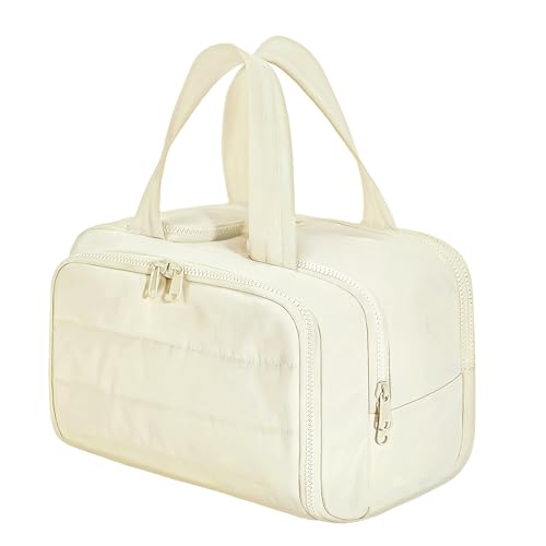 Neceser de aseo para mujer, ligero y grande, bolsa de aseo abierta, bolsa de maquillaje con asa, para accesorios, artículos de tocador esenciales, artículos de tocador, beige, Minimalista