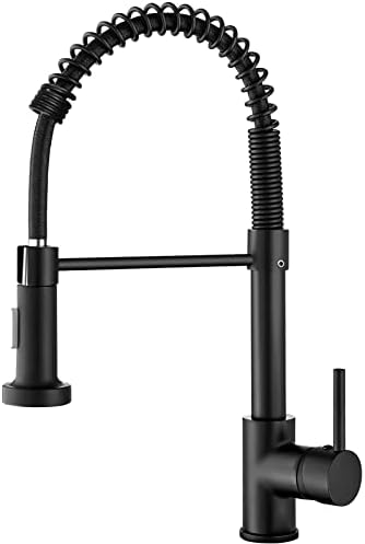 ZSW Kitchen Faucets with Pull Down Sprayer, Commercial Industrial Spring Single Handle Stainless Steel & Solid Brass Kitchen Sink Faucets for Farmhouse Camper Kitchen Rv (Matte Black)