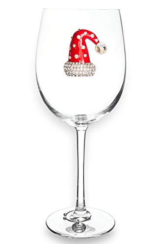 THE QUEENS JEWELS Christmas Hat Jeweled Stemmed Wine Glass - Unique Gift for Women Birthday Cute Fun Holiday Not Painted Decorated Bling Bedazzled Rhinestone