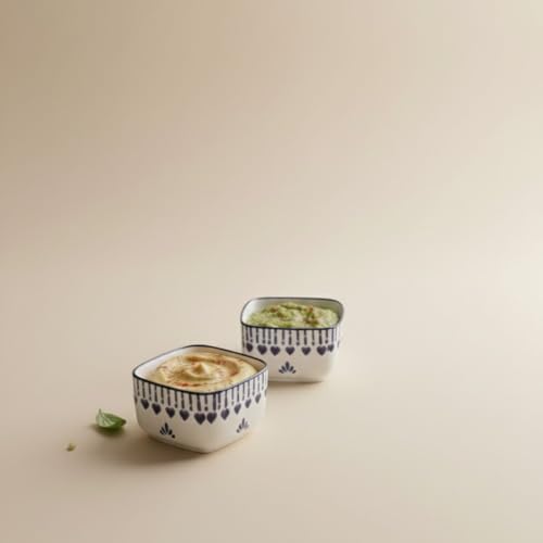 Image of Freakway Ceramic Dip Bowl Set of 2, White with Blue Heart Pattern, Square Shape, 40 ML Capacity, Decorative Serving Dishes for Sauces, Condiments and Appetizers