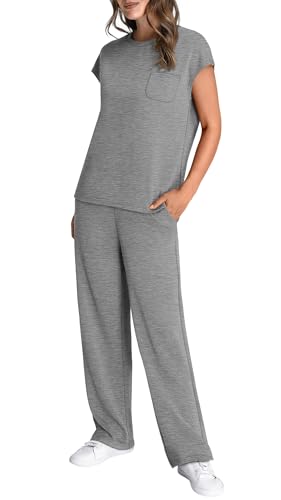 Image of WIHOLL 2 Piece Sets for Women Casual Summer Travel Vacation Outfits Cap Sleeve Lounge Set