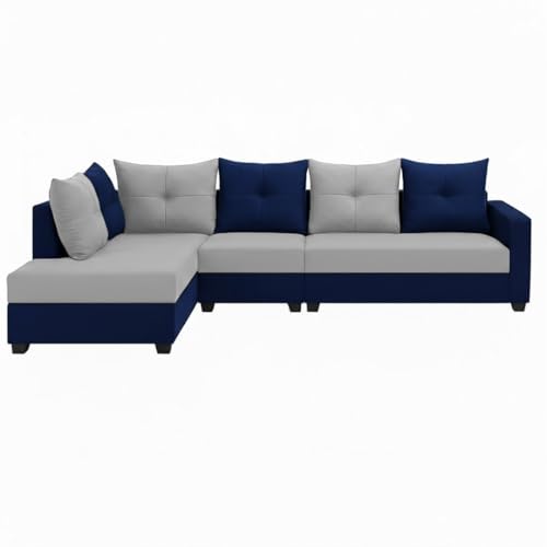 Image of SOCOZI Oriana 6 Seater LHS L Shape Sofa Set | Soft Velvet Suede Fabric | Modern Design | Plush Comfort Cushions for Living Room (Light Grey- DarkBlue)