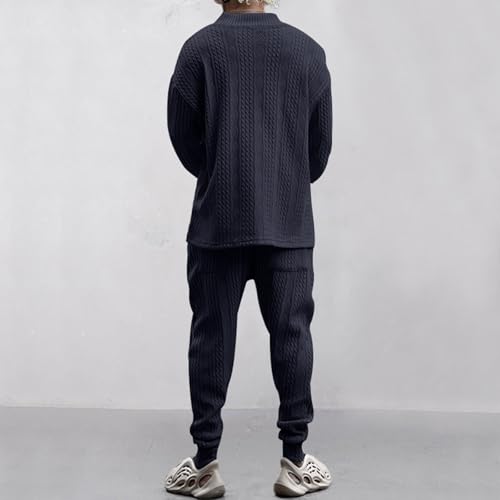 Athleisure Cable Jacquard Set Men,Men's Tracksuits V-Neck Long Sleeve Tops and Drawstring Jogging Pants Suits 2 Piece3