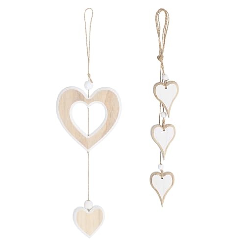 MBAIYO 2 Stück Herz Deko Holz Anhänger, Hängende Holz Dekoherz Fensterdeko Dekoanhänger Natur Weiß Holzherz Hängedeko Skulptur Dekoherz Dekohänger Geschenk für Hochzeit Wandbehang Dekoration
